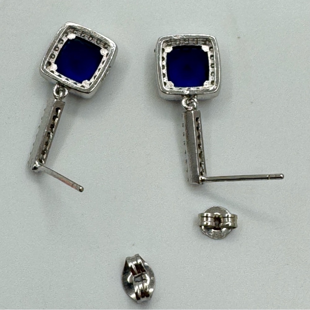 Silver Blue Crystal Drop Earrings Square Halo Dangle Elegant New - Picture 2 of 9